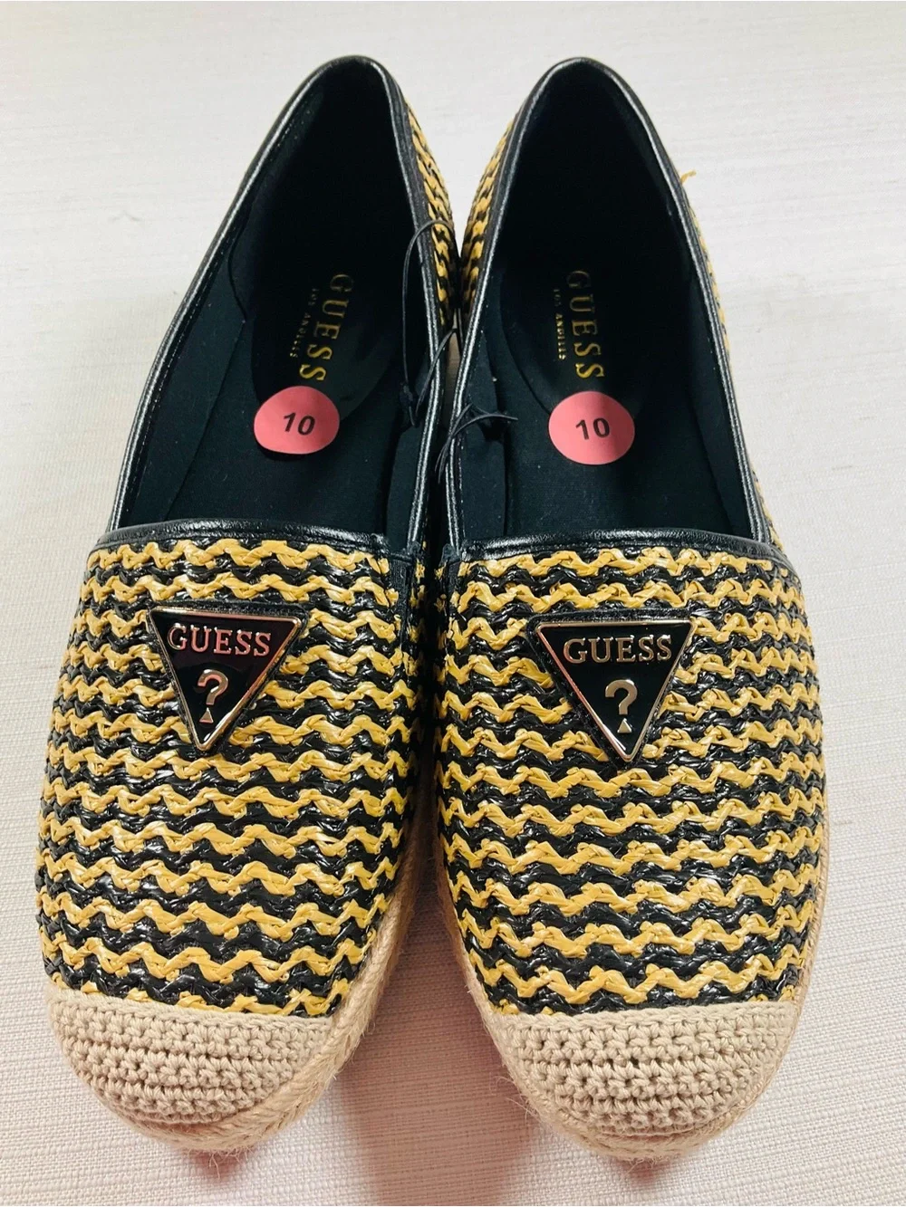 NEW GUESS Shiny Black Tan Gold Woven Jute Espadrille Slip-Ons Women’s Size 10